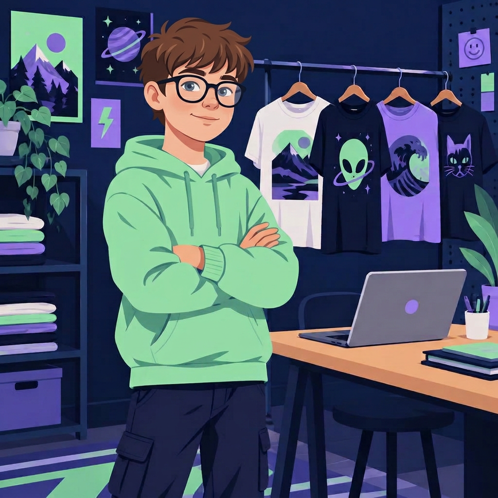 RiverLoot's 12-year-old founder and mascot in his clothing studio